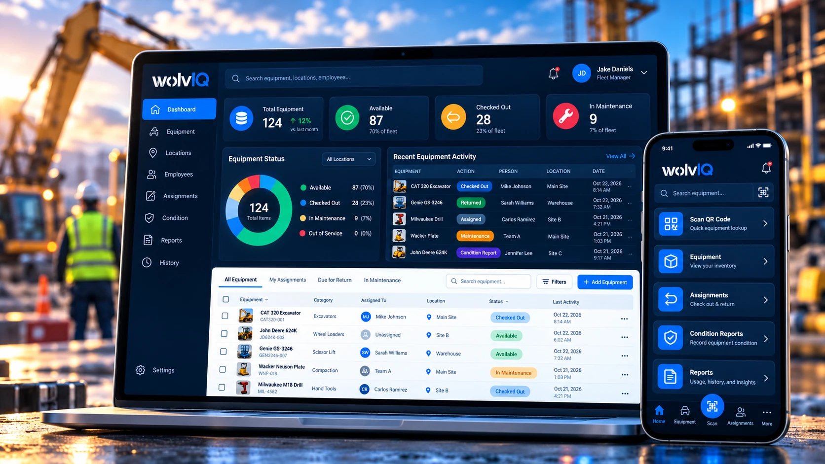 Illustrative wolvIQ inventory software dashboard shown on laptop and phone against a colorful construction site